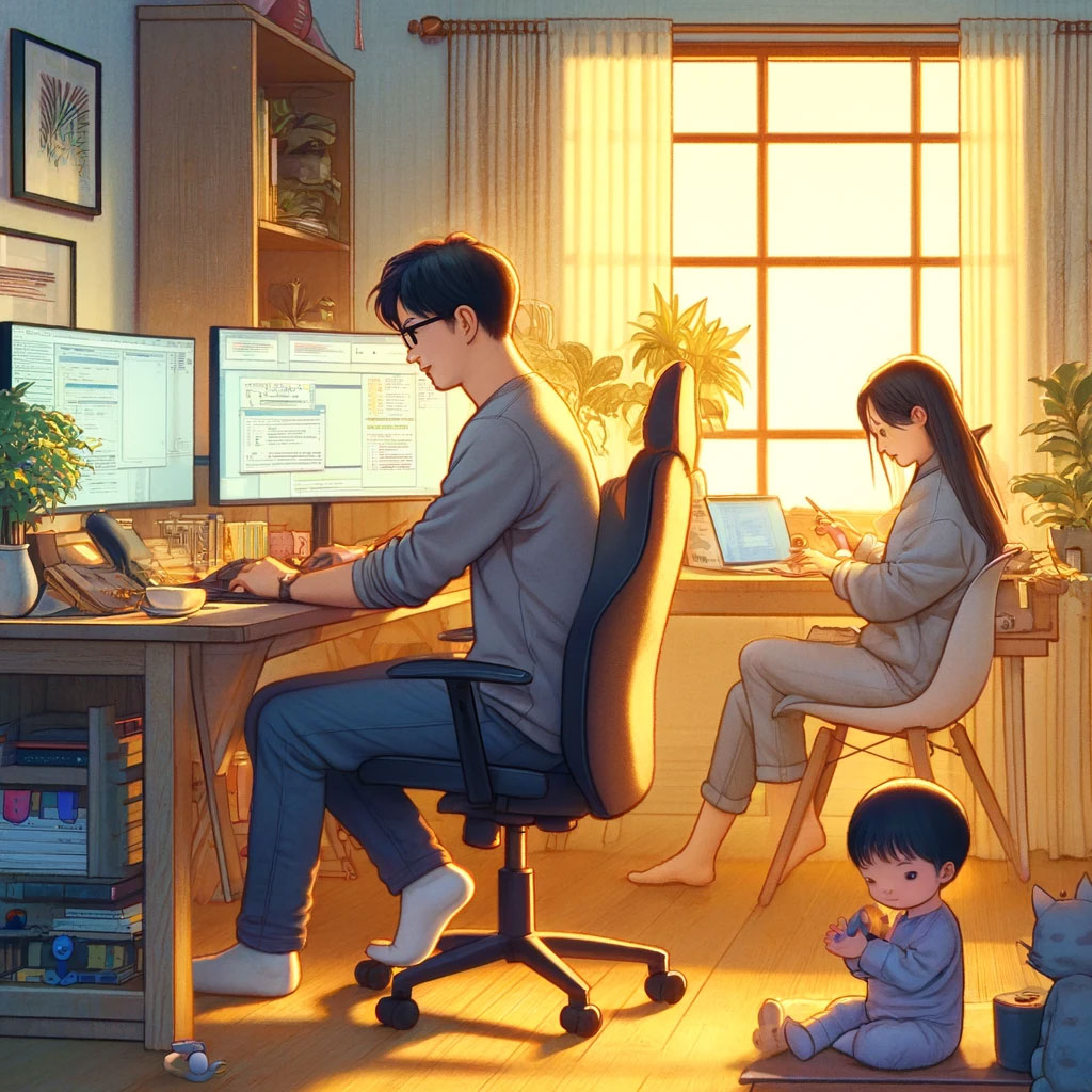 DALL·E-2024-04-23-14.27.53---A-beautiful-illustration-in-an-artistic-style-depicting-an-Asian-programmer-working-from-home-with-his-Asian-wife-and-child.jpg